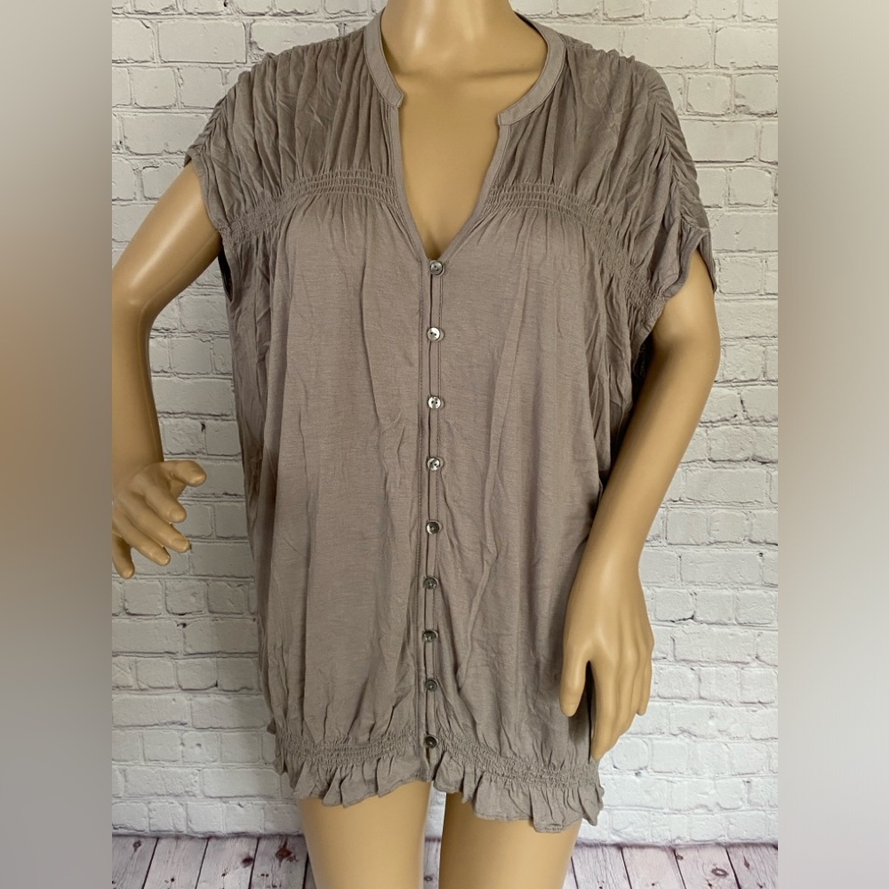 NEW with Tags LOFT Silver Grey Botton front Elastic Waist Top Tee Shirt L Large